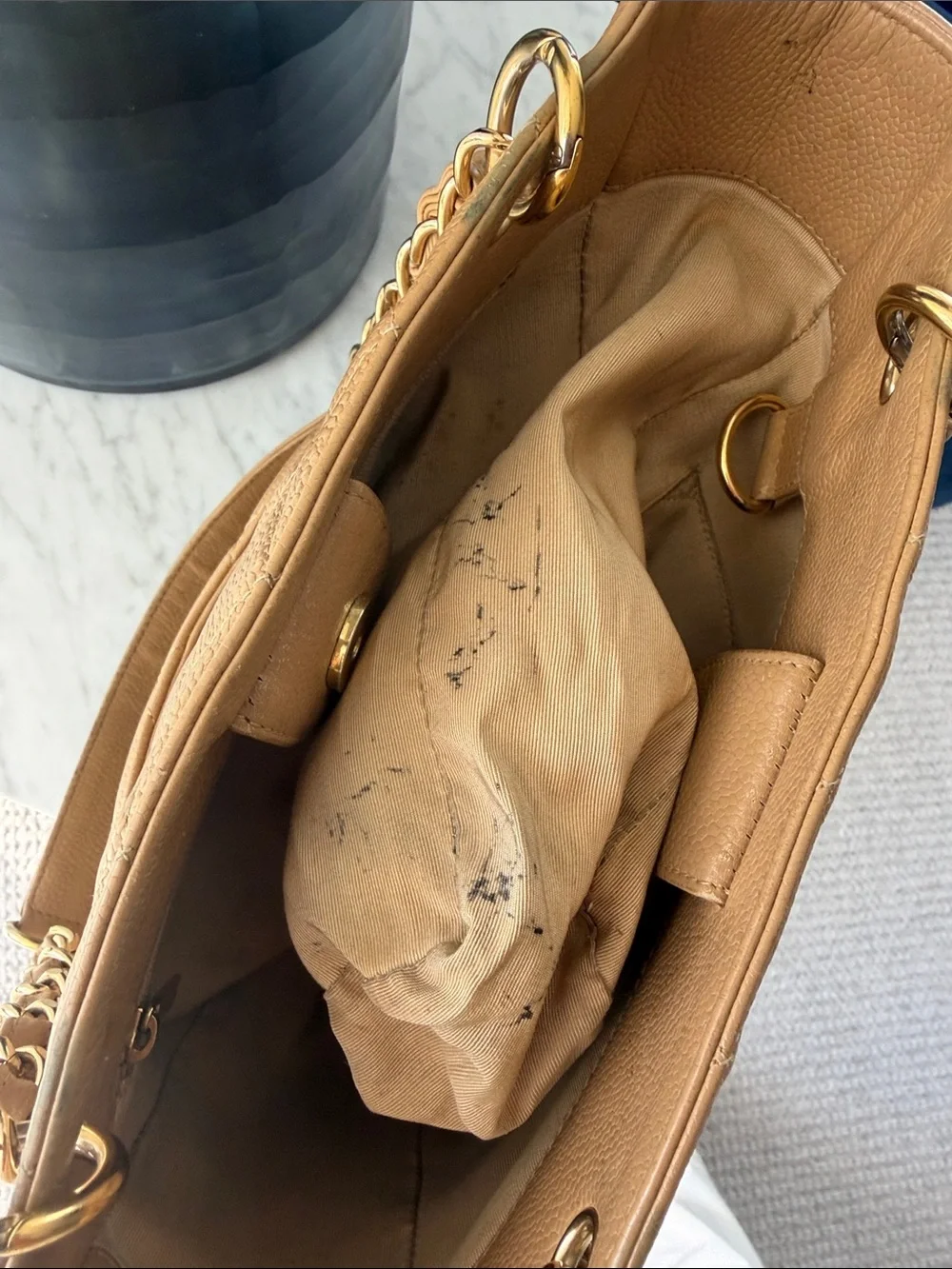 CHANEL Vintage Caviar Quilted Tan Leather Shoulder Tote with Gold Chain Straps - Picture 9 of 16